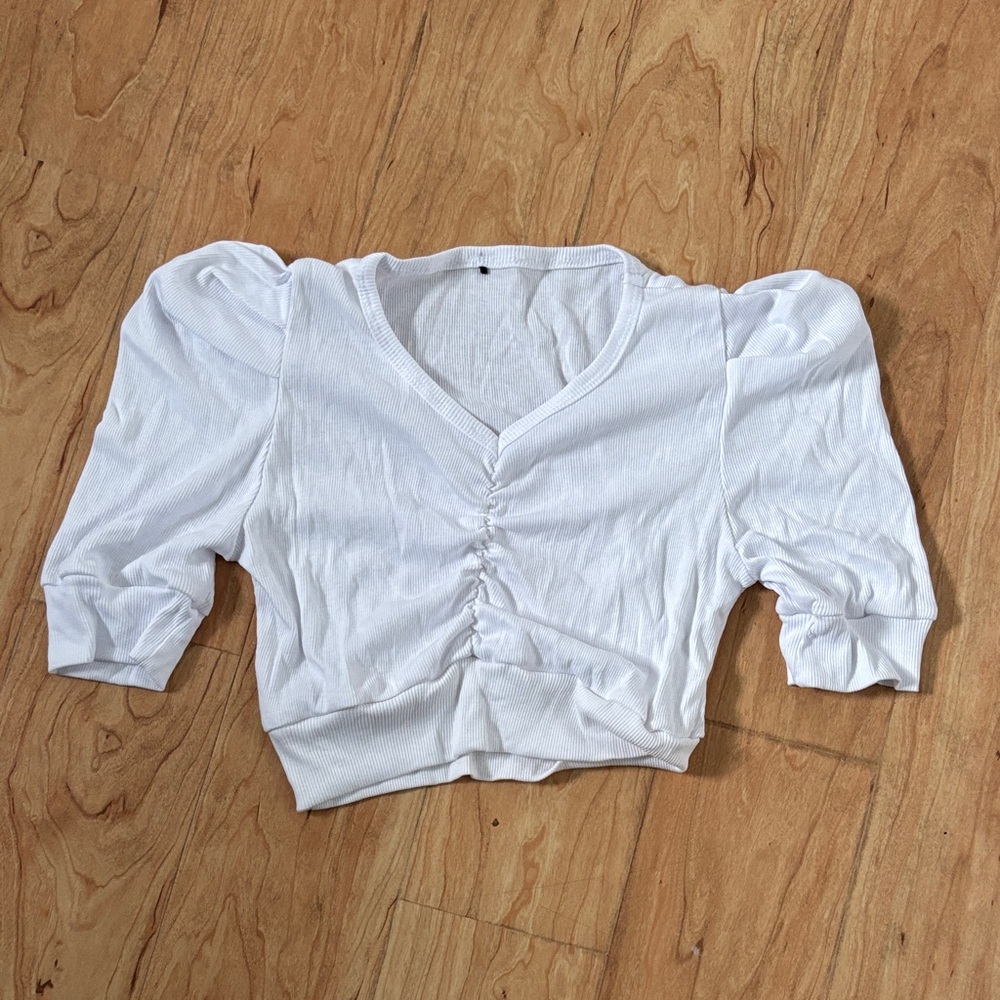 White Ruched V-Neck Women's Top